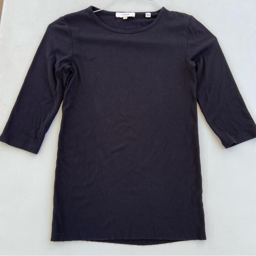 Vince Rib Knit Top Womens Small Dark Navy Minimalist Luxury 3/4 Sleeve